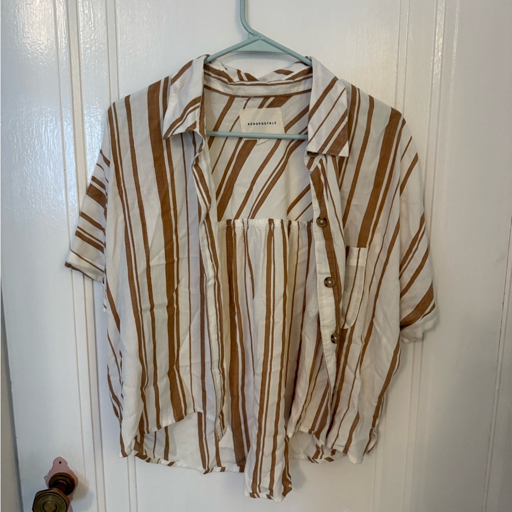 Aeropostale Tan and White Striped Shirt